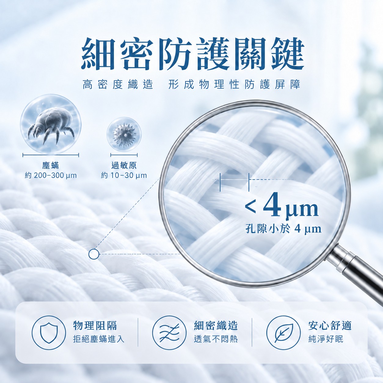高密度細密織物形成物理防護屏障，布料孔隙小於 4 微米