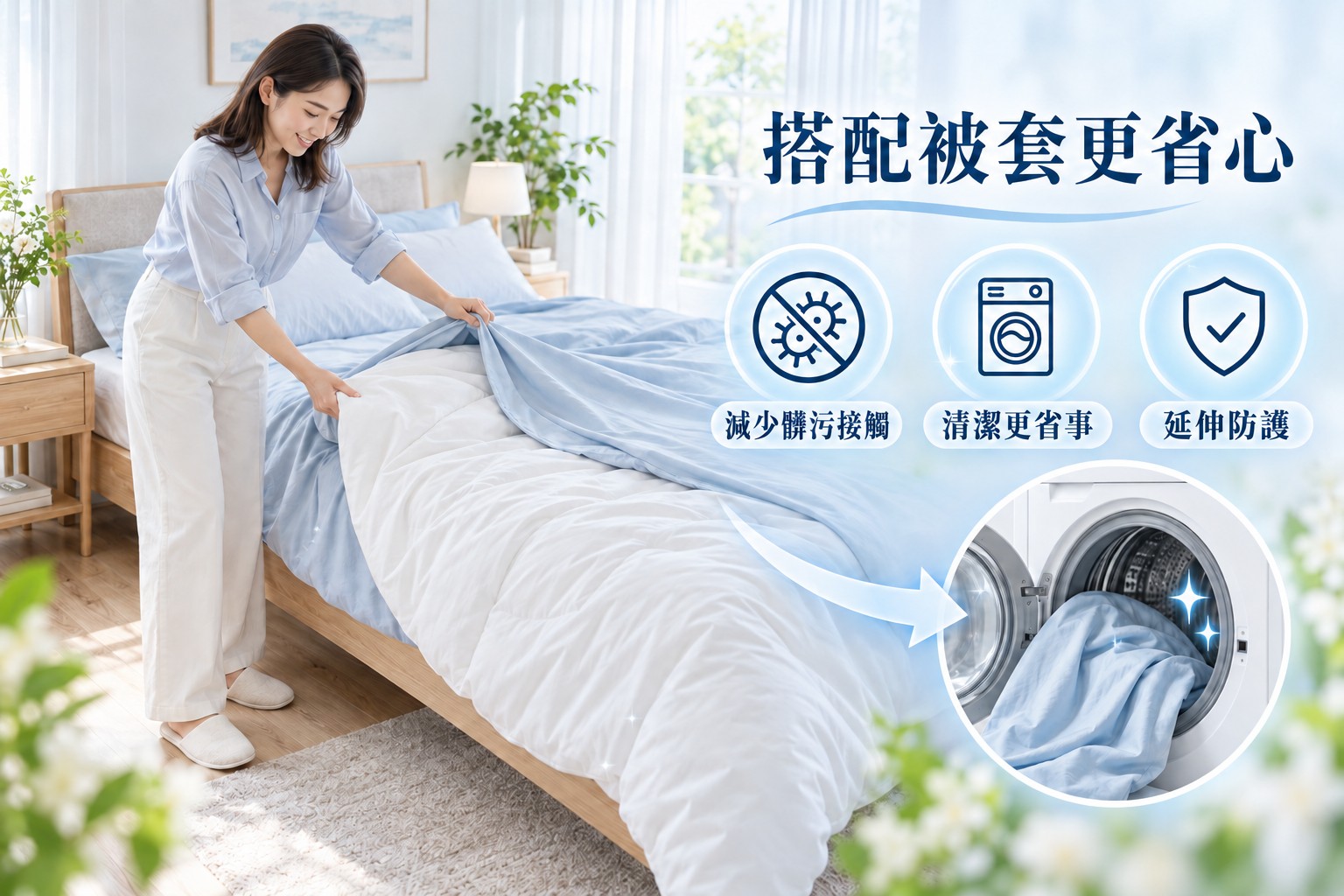 四季被搭配外層被套，減少日常髒污並方便換洗清潔
