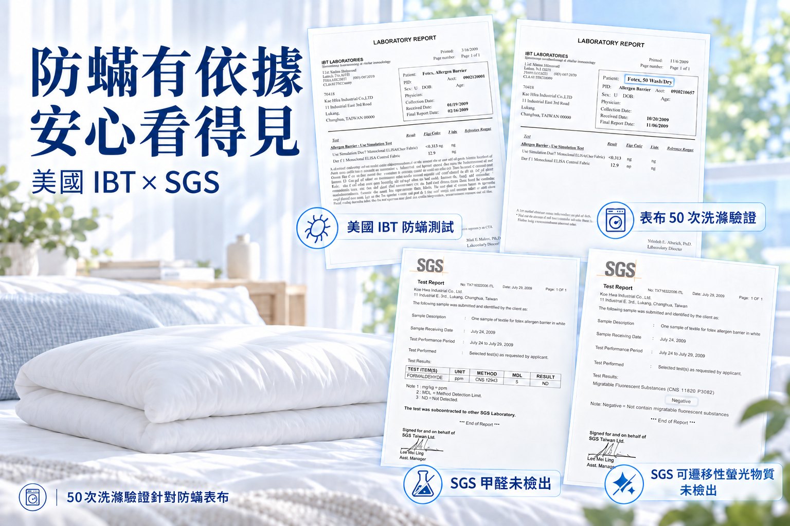 IBT 防蟎測試、50 次洗滌驗證與 SGS 安全檢測資料
