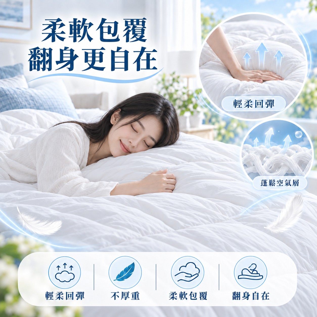 立體纖維蓬鬆回彈，帶來輕盈包覆與不厚重的睡感