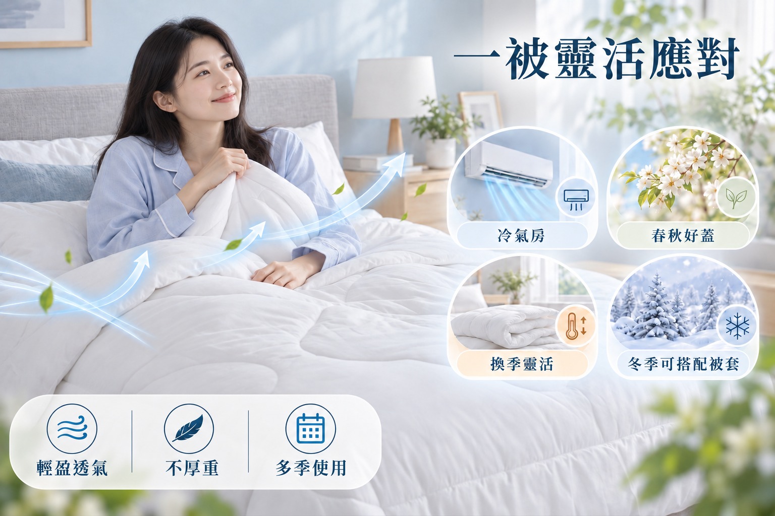 四季被適合台灣冷氣房、春秋換季及冬季彈性搭配使用