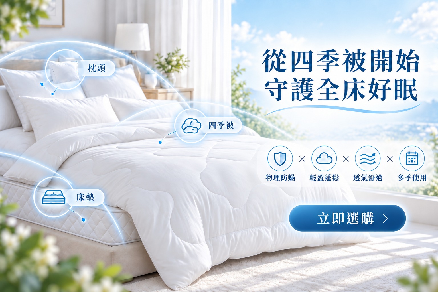 從四季被延伸至枕頭與床墊，打造更完整的潔淨睡眠環境