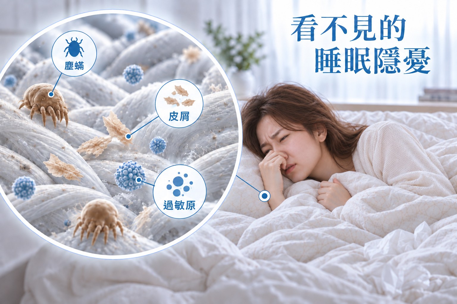 棉被纖維中可能累積塵蟎、皮屑與細小過敏原，長時間睡眠接觸更需要注意寢具環境