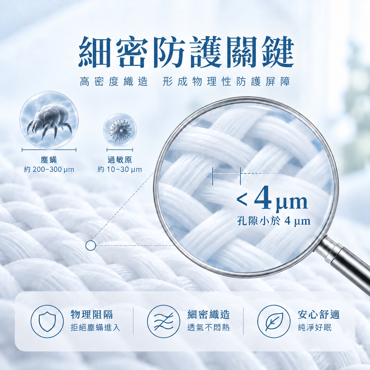 高密度緊織布料孔隙小於4微米，以細密纖維結構降低塵蟎及相關過敏原穿透機會