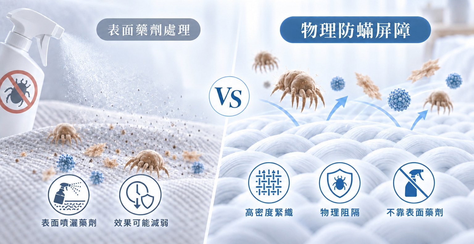 表面藥劑處理與高密度物理屏障比較，細密緊織不依賴表面防蟎藥劑形成防護