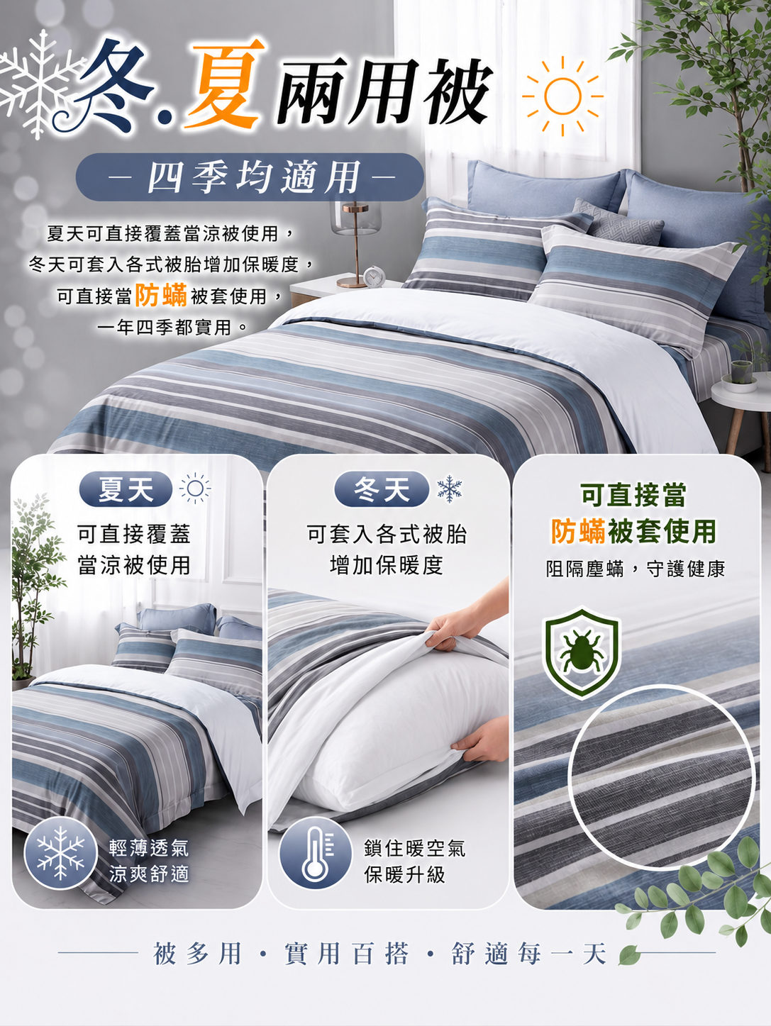 雙人天絲兩用被冬夏使用方式，適合現代主臥四季寢具