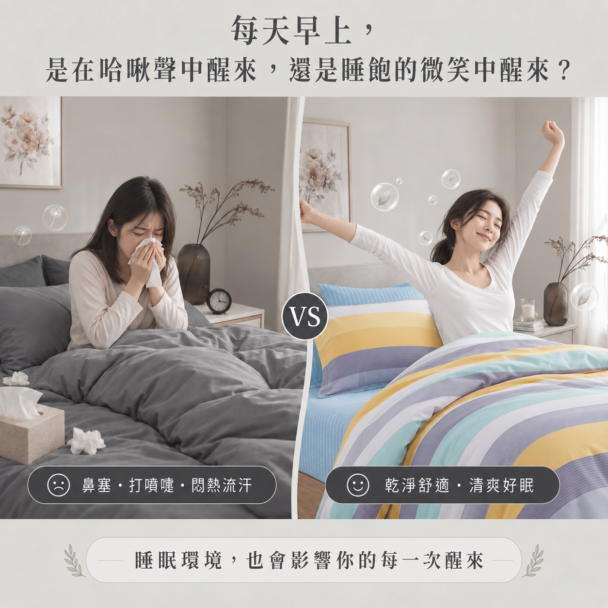 家庭主臥潔淨睡眠環境與塵蟎過敏原管理示意