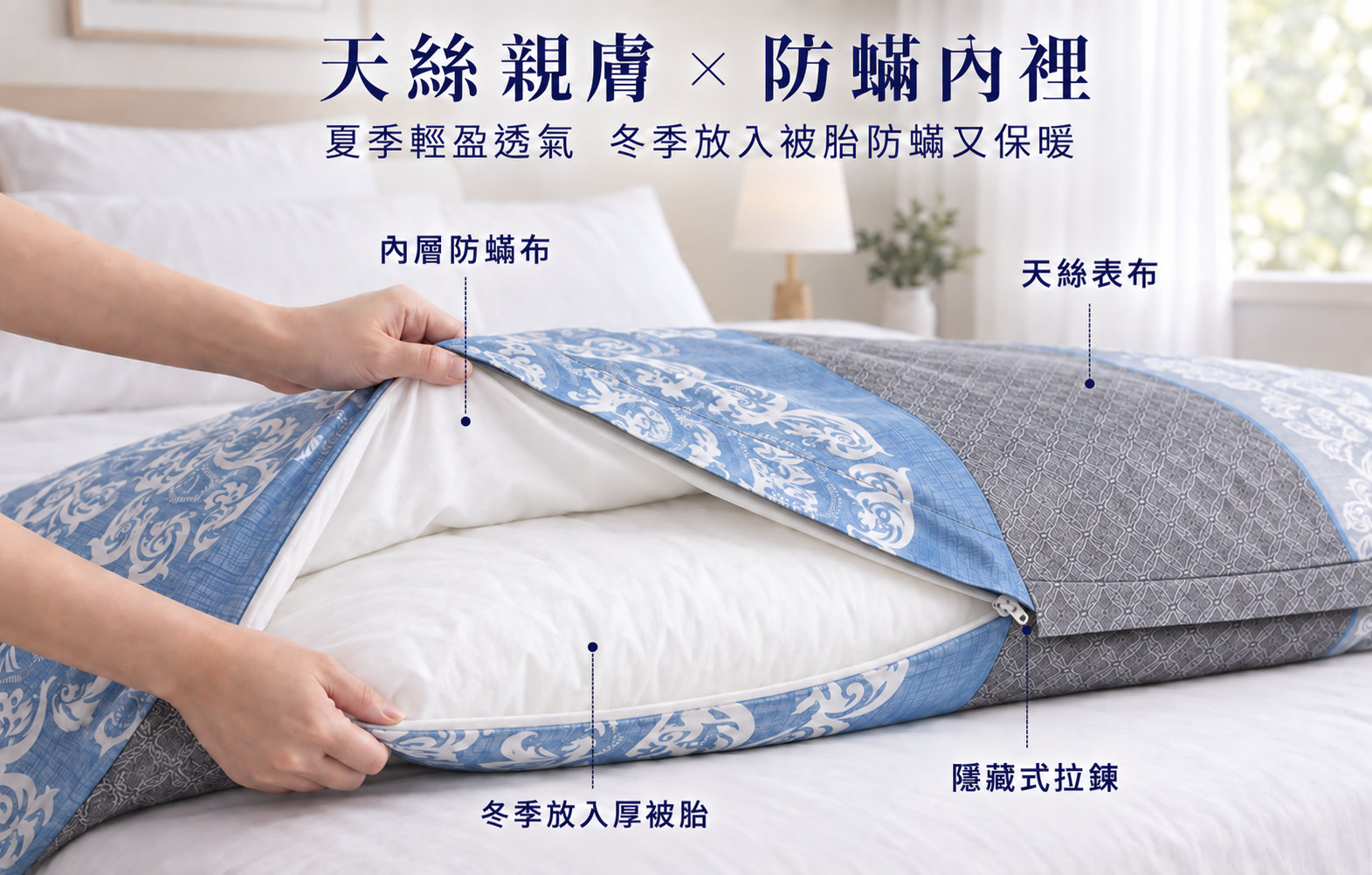 花卉天絲防蟎兩用被,柔滑親膚並可依季節搭配被胎