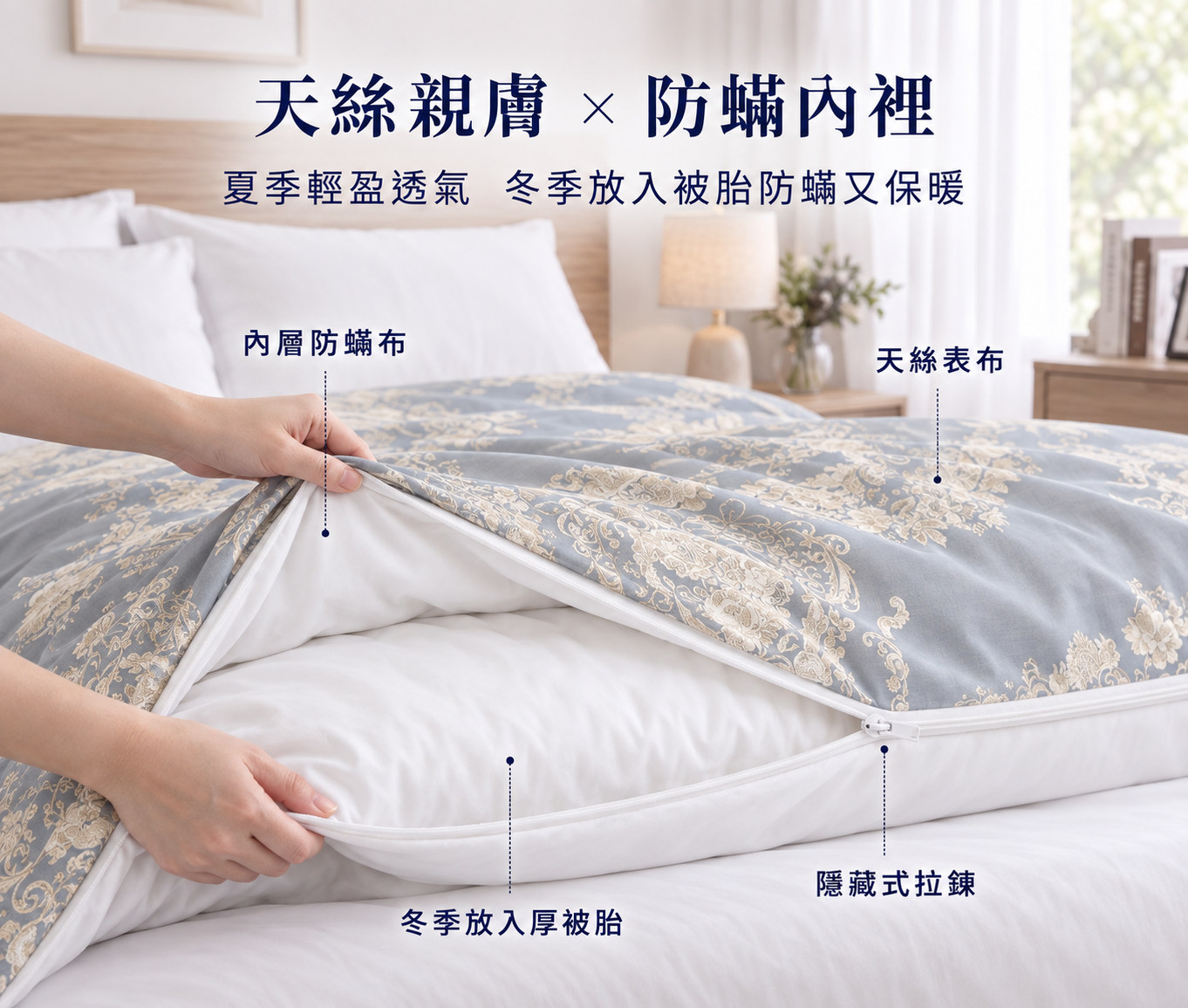 花卉天絲防蟎兩用被,結合舒適表布與防蟎設計