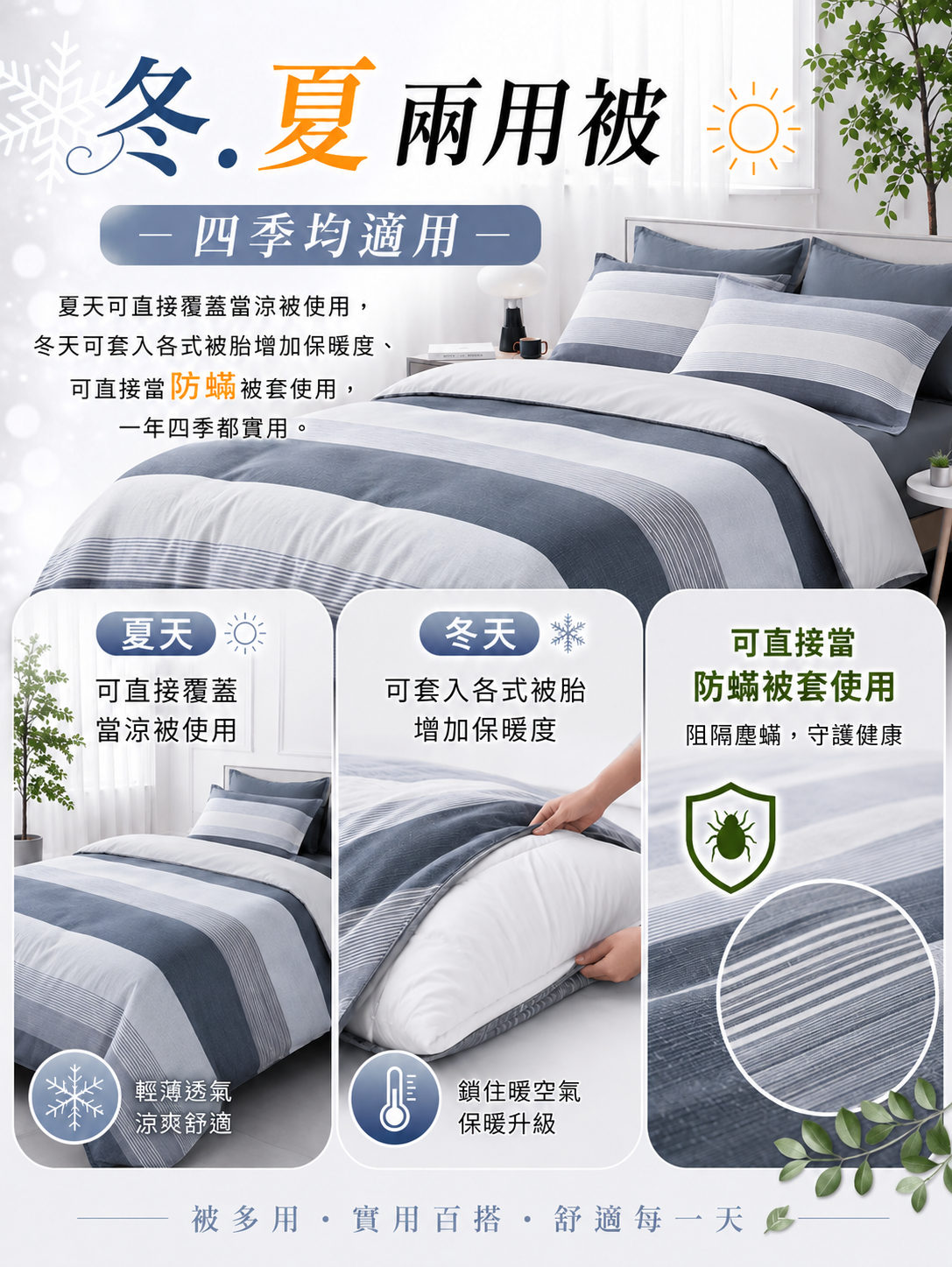 Fotex天絲防蟎床組冬夏兩用設計,適合男性臥室與四季寢具配置