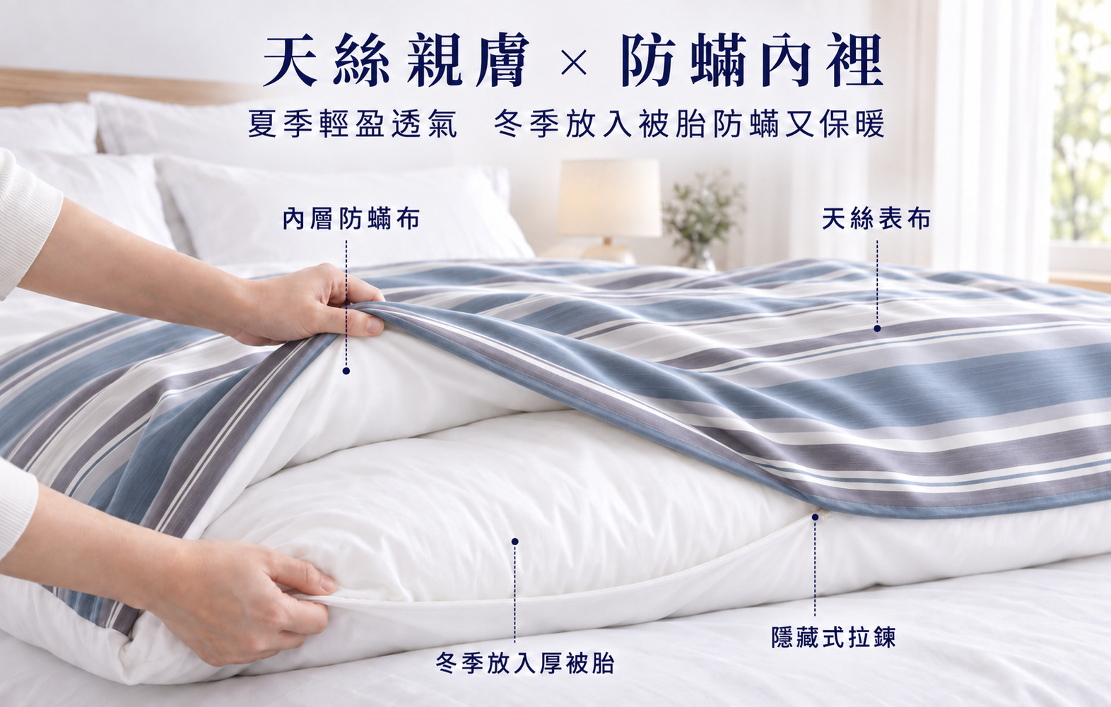 現代風天絲防蟎兩用被，適合雙人床與都會主臥