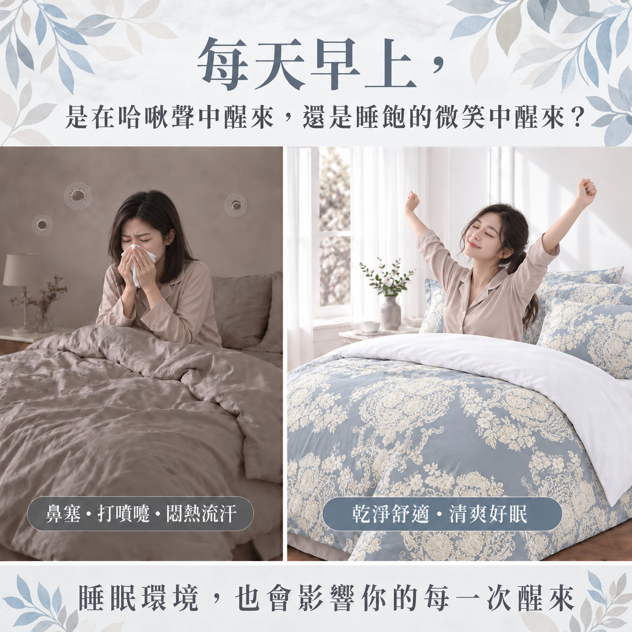 早晨打噴嚏與舒適睡醒對比,說明臥室塵蟎過敏原管理