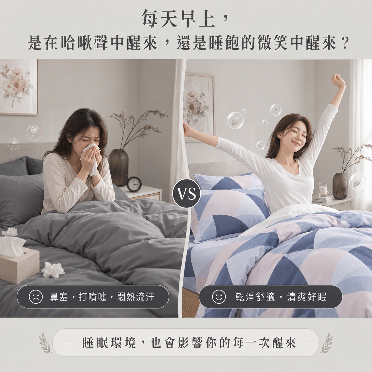 起床打噴嚏與舒適睡醒情境對比,說明臥室塵蟎過敏原管理的重要性