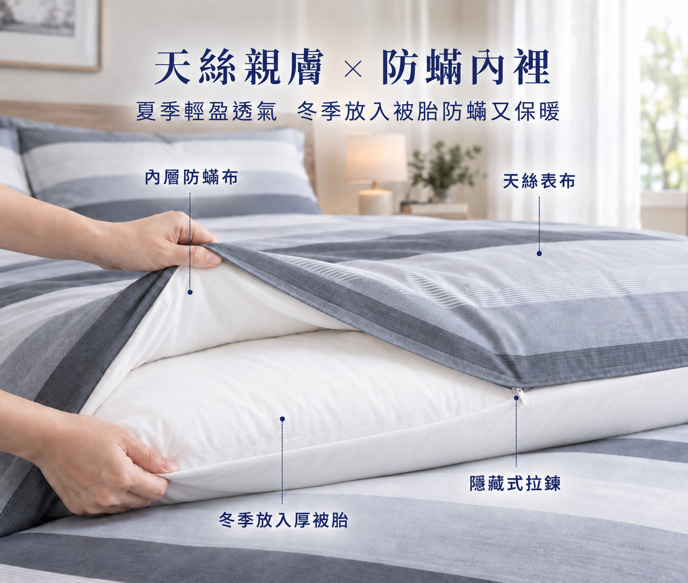 條紋天絲防蟎兩用被,可作被套使用並搭配被胎