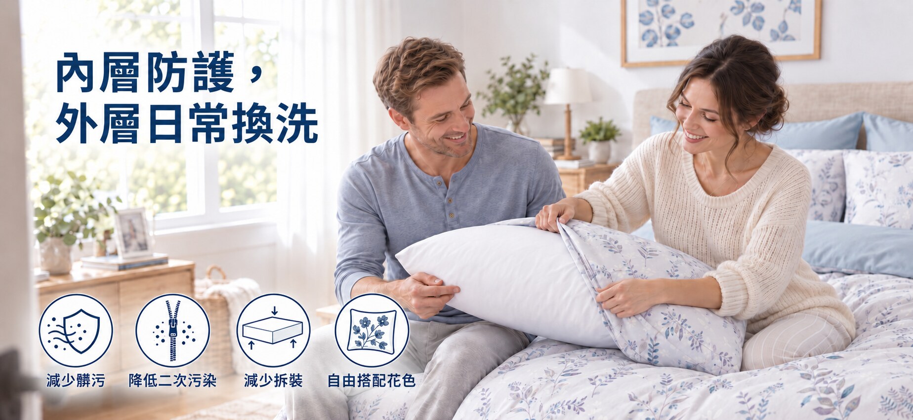 防護套置於寢具內層，外層搭配花色床包與枕套，方便日常換洗