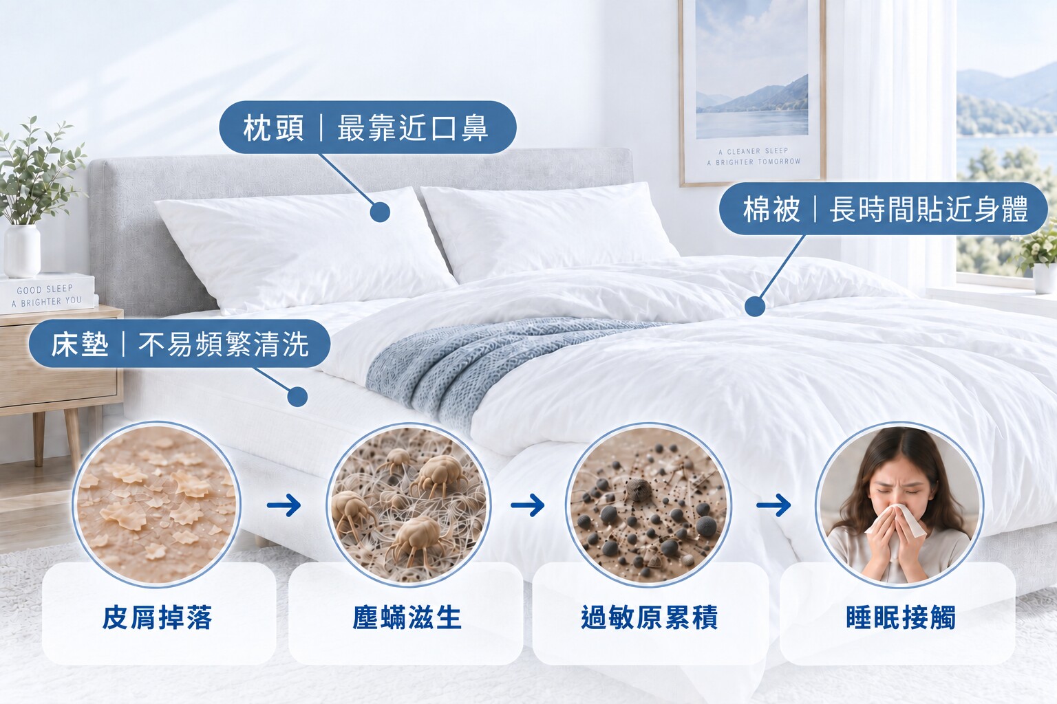 床墊、枕頭與棉被長時間接觸人體，皮屑可能形成塵蟎與過敏原累積環境