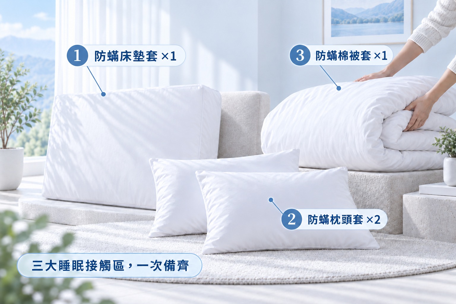 一組包含床墊套一件、成人枕頭套兩件及棉被套一件的四件套內容