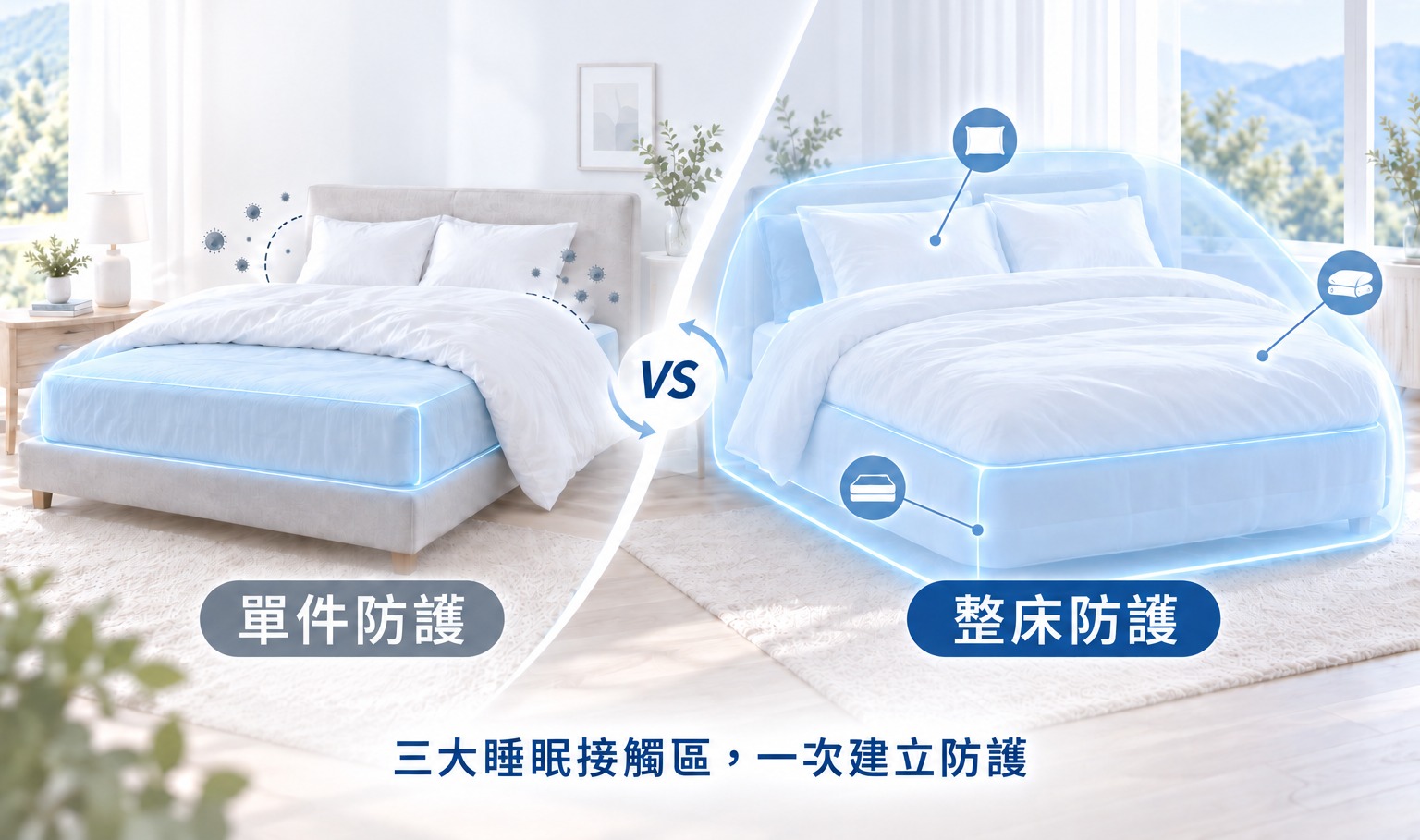 單件包覆與整床防護比較，完整覆蓋床墊、枕頭及棉被三大睡眠接觸區