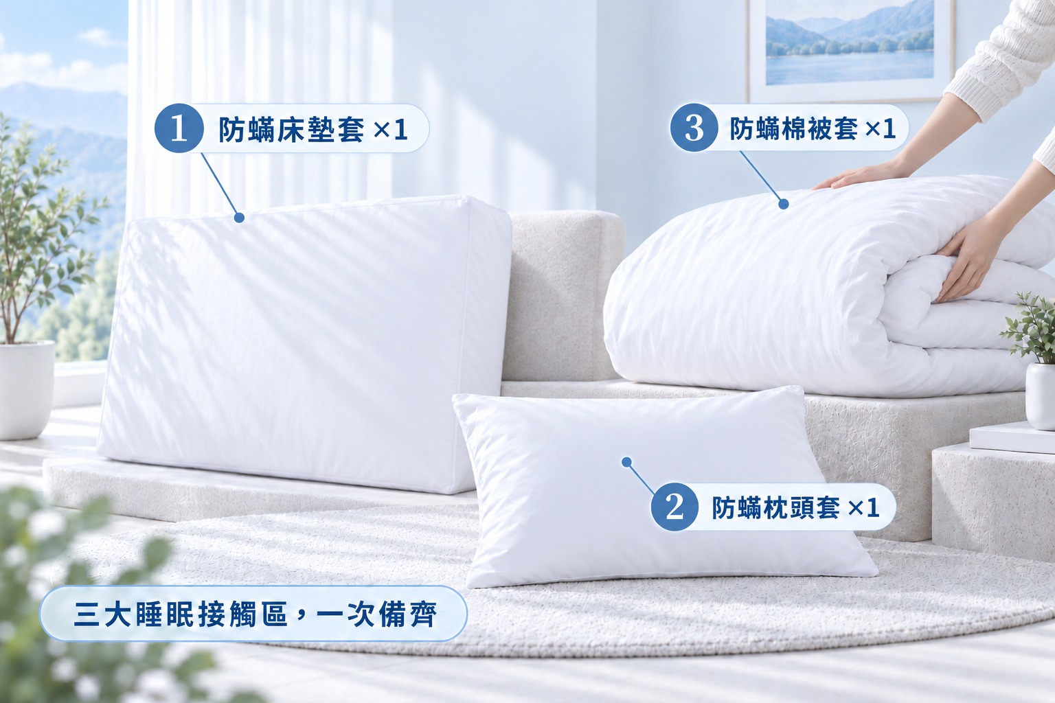 一組包含床墊套一件、成人枕頭套兩件及棉被套一件的四件套內容