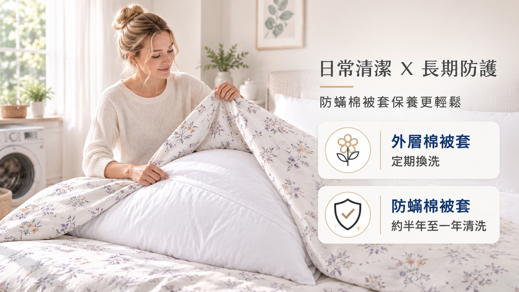 外層花色棉被套定期換洗,Fotex防蟎棉被內套依使用環境定期清潔