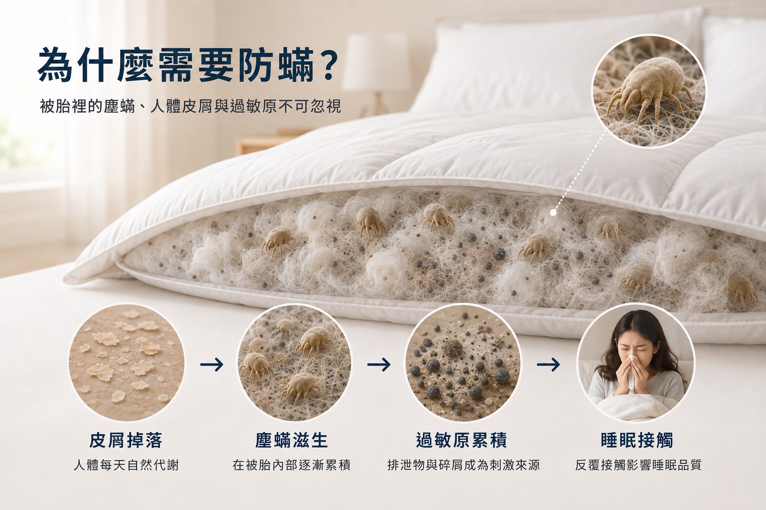 棉被長時間接觸人體皮屑汗氣灰塵與塵蟎相關過敏原的睡眠情境