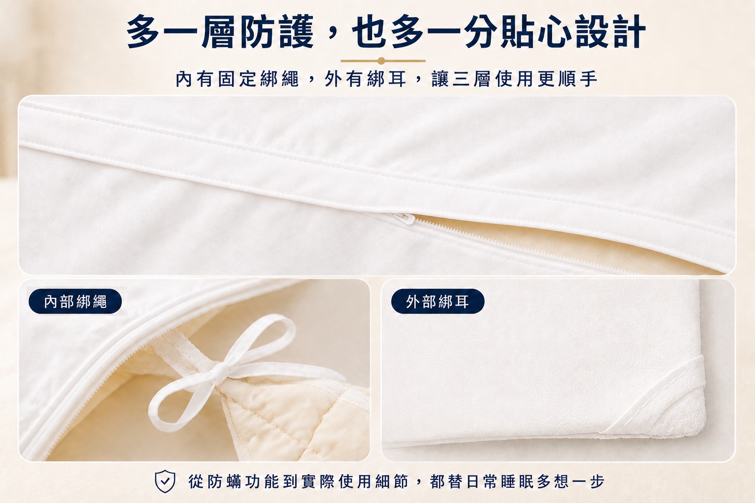Fotex防蟎棉被套內部綁繩固定被胎並以外側綁耳連結花色棉被套避免跑位