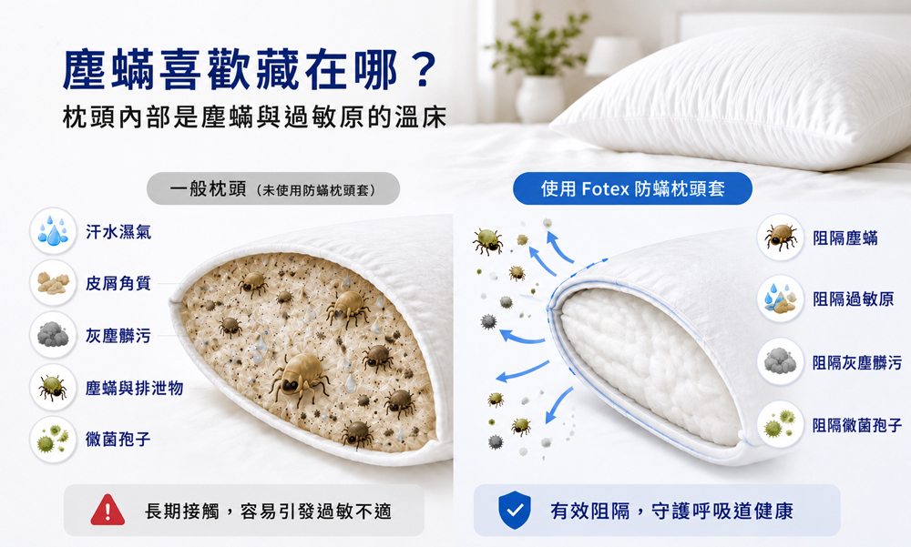 Fotex 防蟎枕頭套利用高密度物理性防蟎布料，阻隔塵蟎、塵蟎排泄物、皮屑、灰塵、黴菌孢子與其他過敏原進入枕芯，降低睡眠時接觸過敏原的機會。