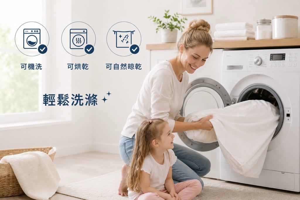 Fotex防蟎枕頭套可機洗、可烘乾，也可自然晾乾，方便日常清潔與保養。