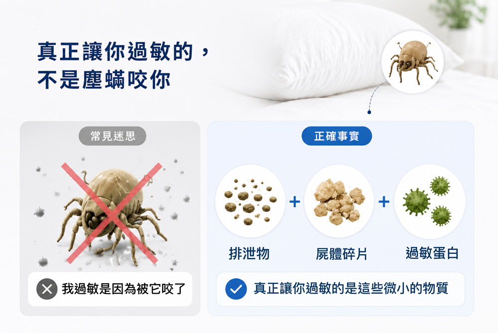 Fotex 防蟎衛教破除迷思：說明過敏原不是塵蟎咬人，而是塵蟎的排泄物、屍體碎片與過敏蛋白等微小物質導致過敏