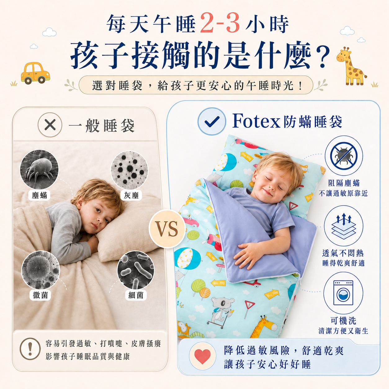 適合過敏體質兒童的 Fotex 幼兒園防蟎睡袋,兼顧鼻過敏氣喘敏感肌家庭關注的寢具環境管理