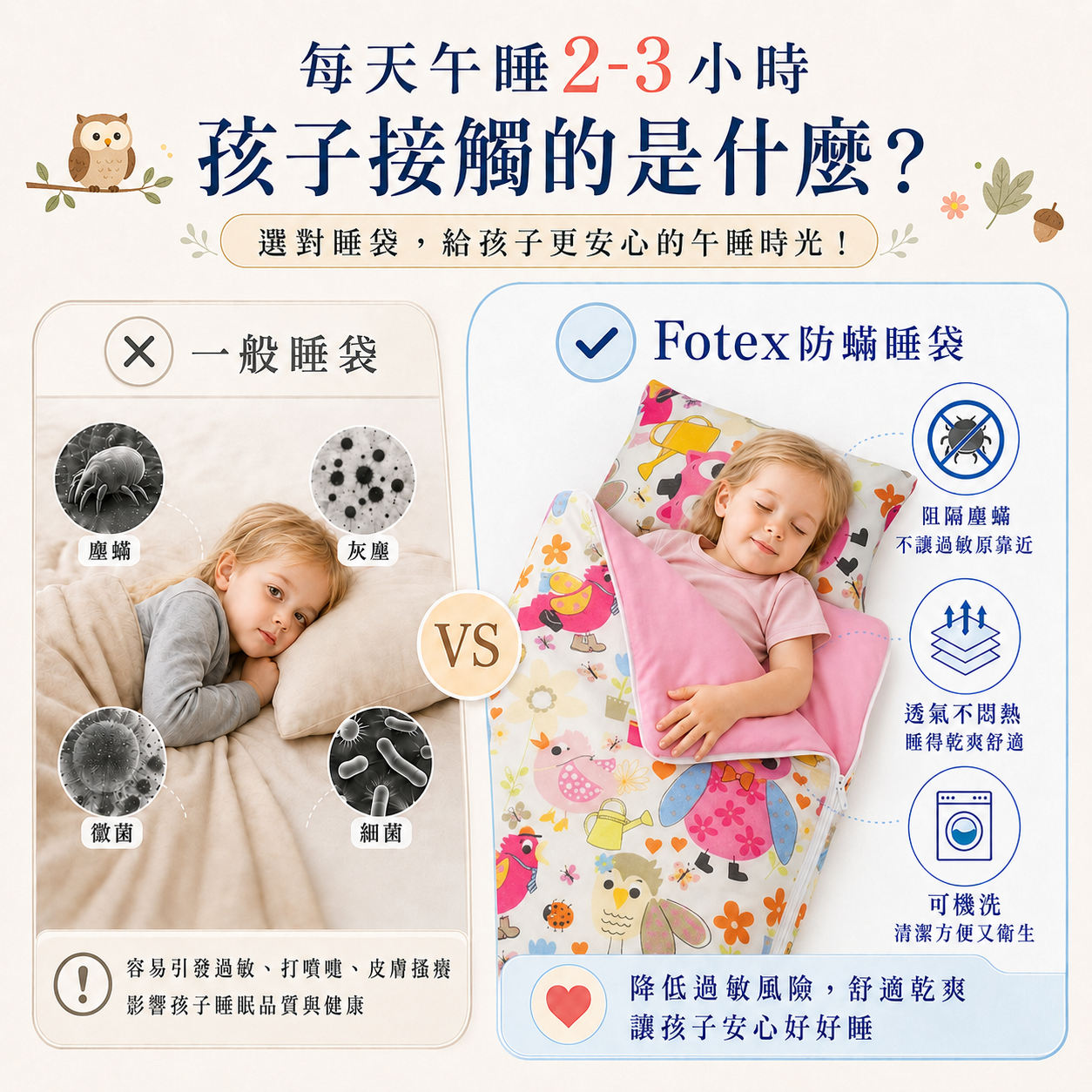 過敏兒幼兒園午睡使用 Fotex 物理性防蟎睡袋，降低與塵蟎過敏原接觸的機會