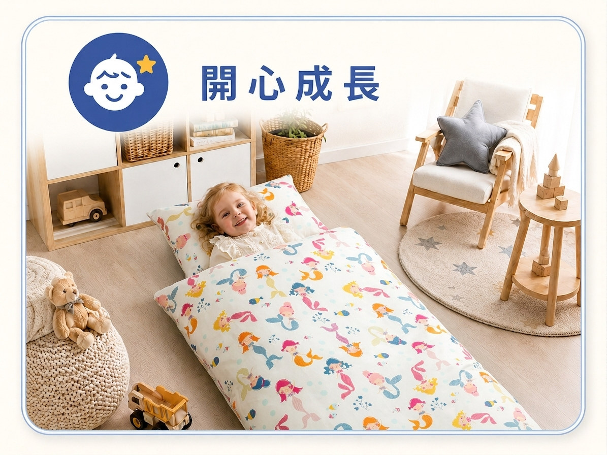 成長中的學齡前兒童使用Fotex防蟎睡袋作為每日午睡寢具