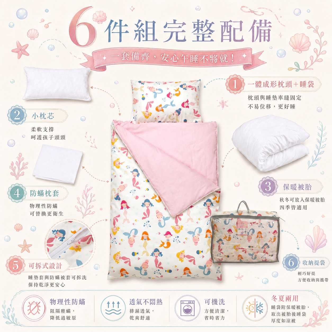 Fotex純棉兒童防蟎睡袋完整組,結合物理性防蟎、親膚純棉與可拆式保暖被胎