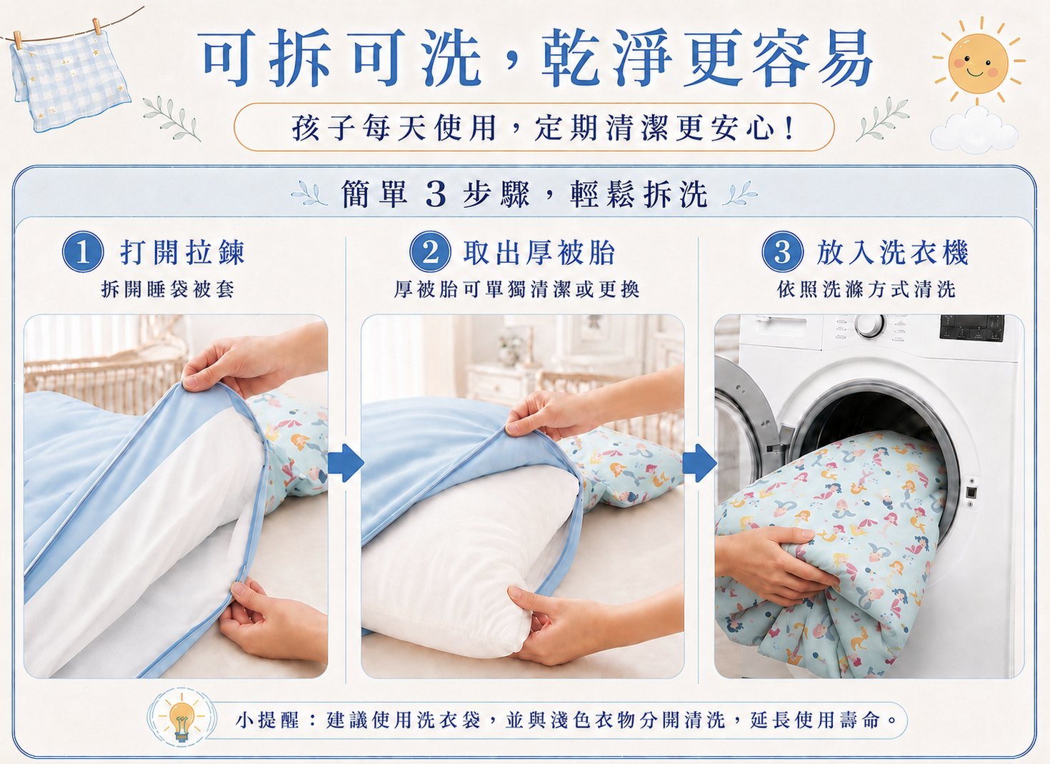 孩子午睡流汗或弄髒時可清潔的Fotex兒童防蟎睡袋,可拆洗結構方便幼兒園日常使用