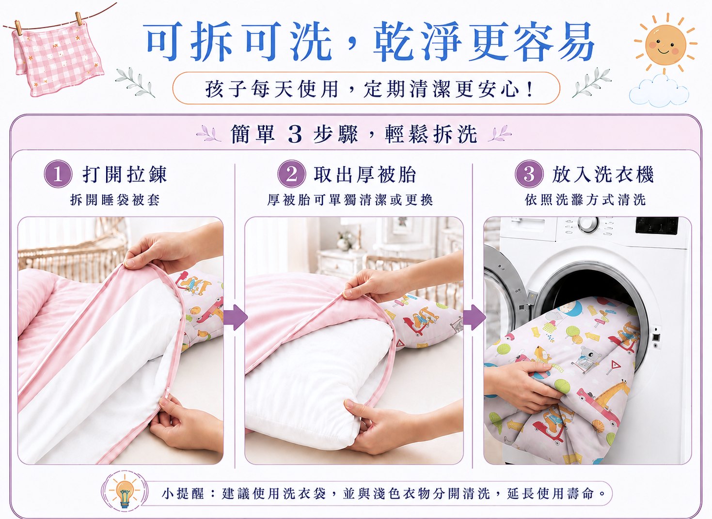 好清潔的幼兒園睡袋選擇，Fotex兒童防蟎睡袋採可拆洗結構，厚被胎可取出方便整理