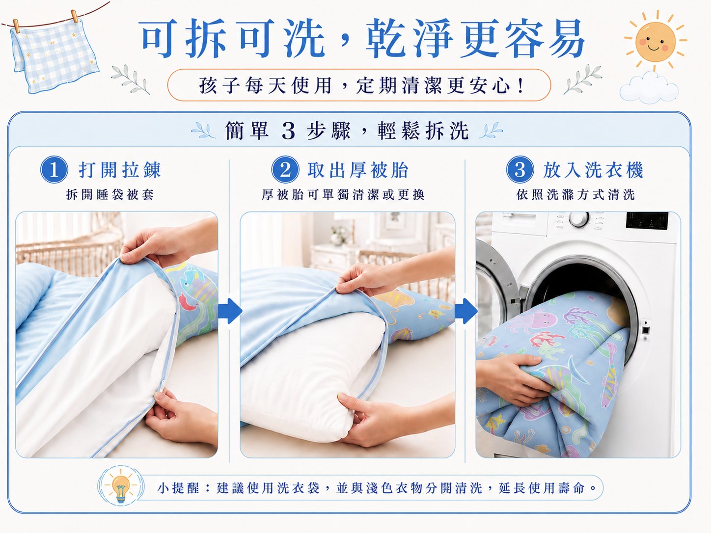 敏感肌及異位性皮膚炎孩子使用Fotex海底世界可拆洗兒童防蟎睡袋
