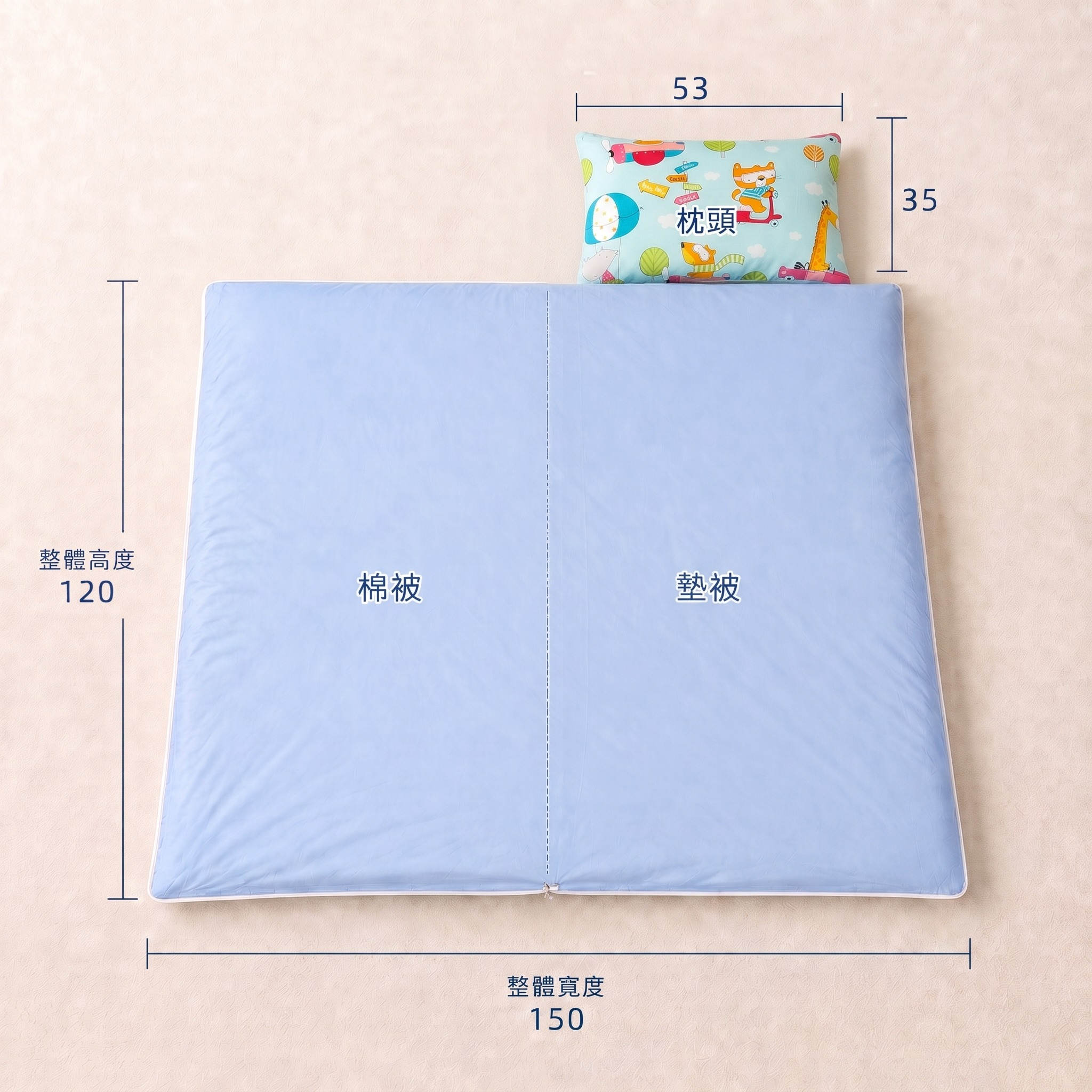 Fotex兒童防蟎睡袋尺寸規格,展開約寬150×高120公分,枕頭約53×35公分,適合學齡前午睡使用