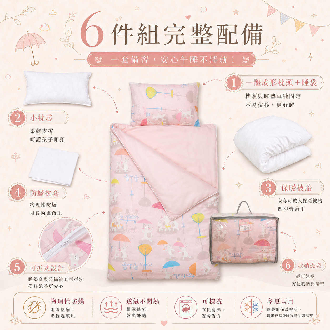 Fotex冬夏兩用兒童防蟎睡袋完整組,附保暖被胎可依季節調整幼兒園午睡保暖度
