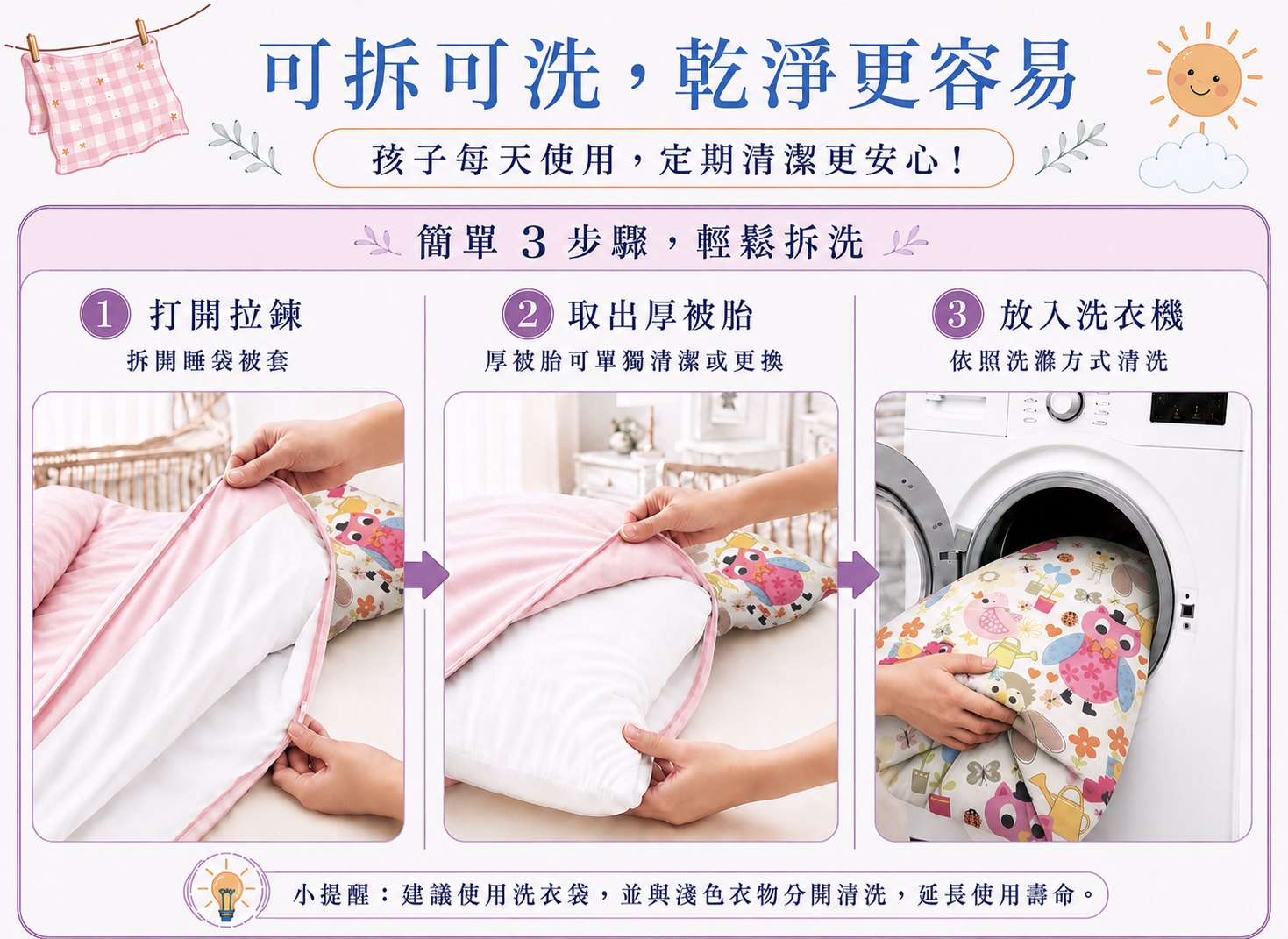兒童睡袋清洗教學，打開Fotex防蟎睡袋拉鍊、取出厚被胎，再將可洗部分依洗標方式清潔