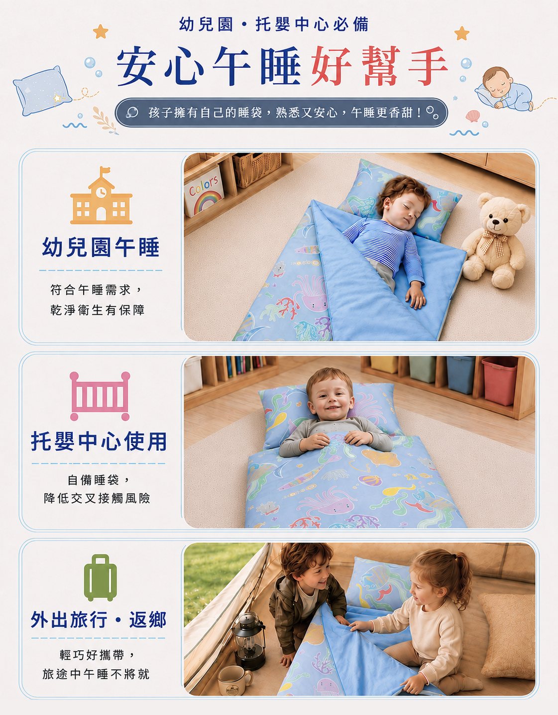 親子旅行攜帶Fotex海底世界兒童防蟎睡袋,適合幼兒園托嬰中心旅行返鄉與外宿