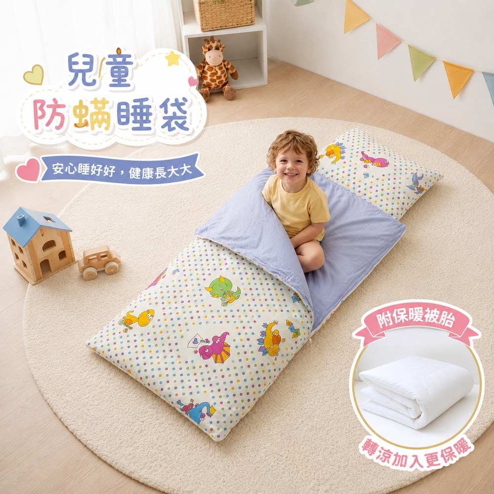 幼兒園兒童使用 Fotex 防蟎睡袋午睡,純棉親膚、物理性防蟎並附可拆式保暖被胎