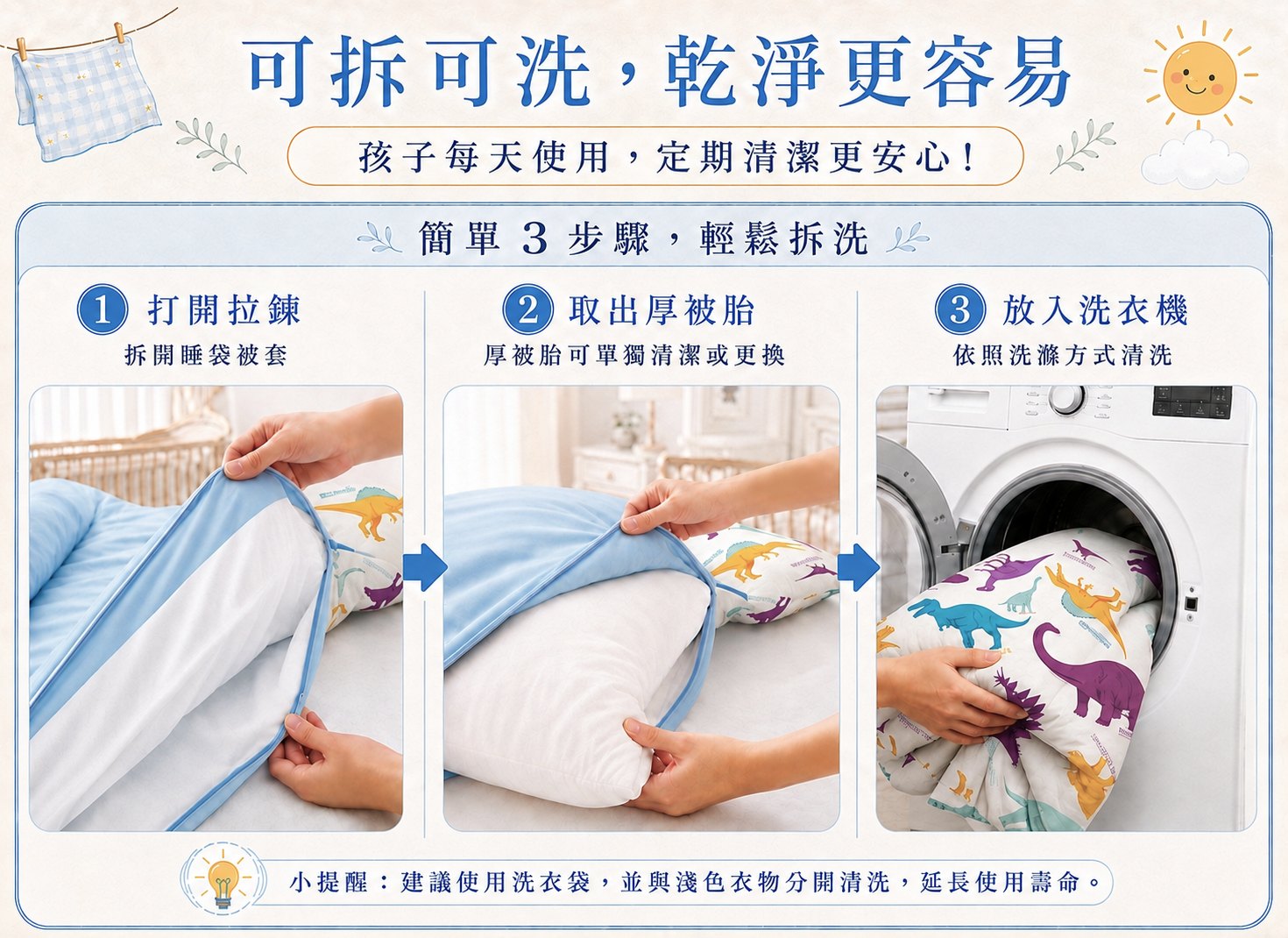 幼兒園睡袋可用洗衣機清潔，Fotex可拆式兒童防蟎睡袋可先取出保暖被胎再依洗滌方式清洗
