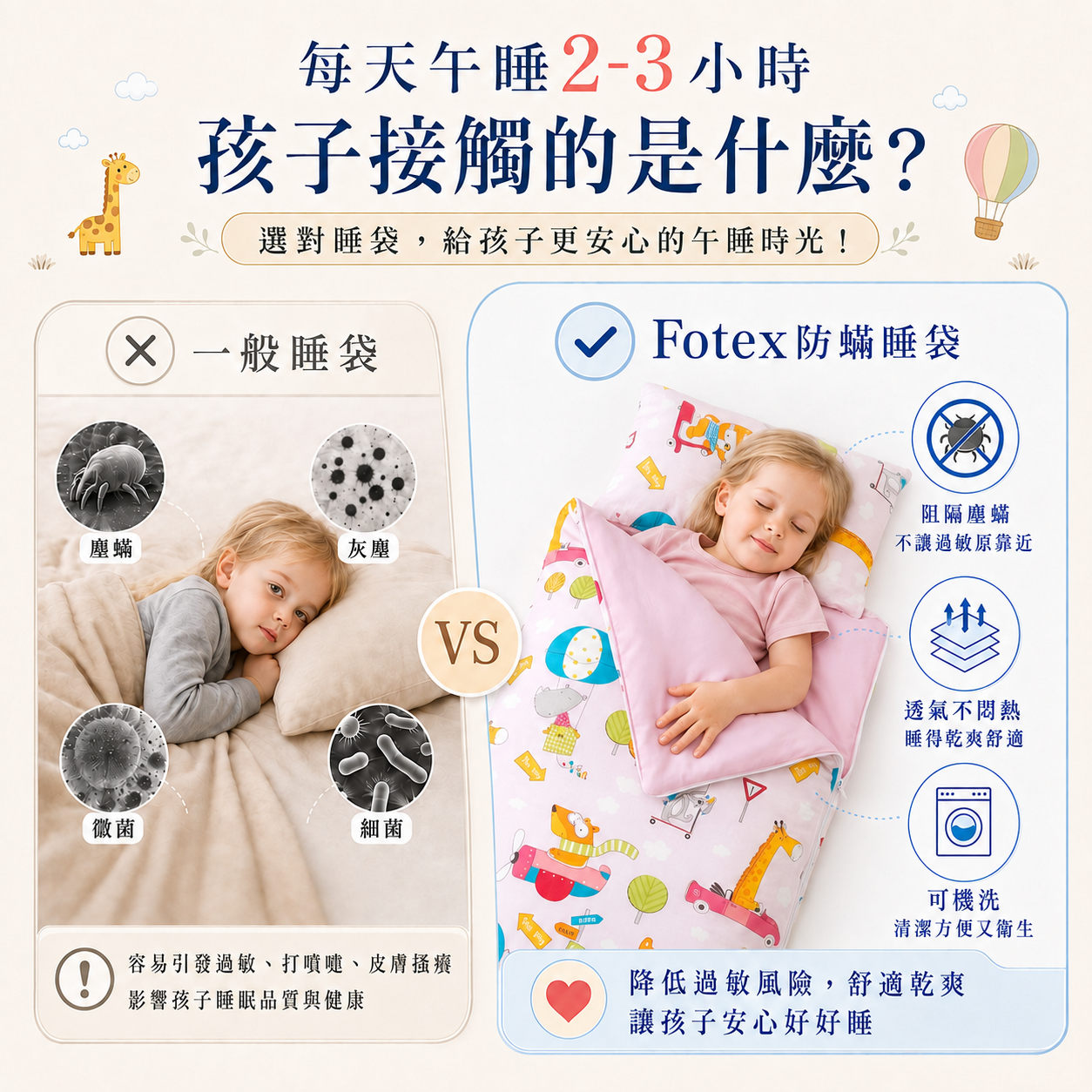 學齡前兒童 Fotex 防蟎午睡睡袋，與一般睡袋相比增加物理性防蟎及可清洗設計