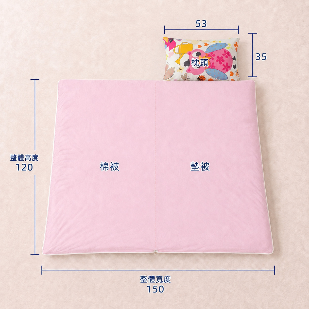 學齡前兒童午睡墊尺寸參考,Fotex防蟎睡袋展開約150×120公分