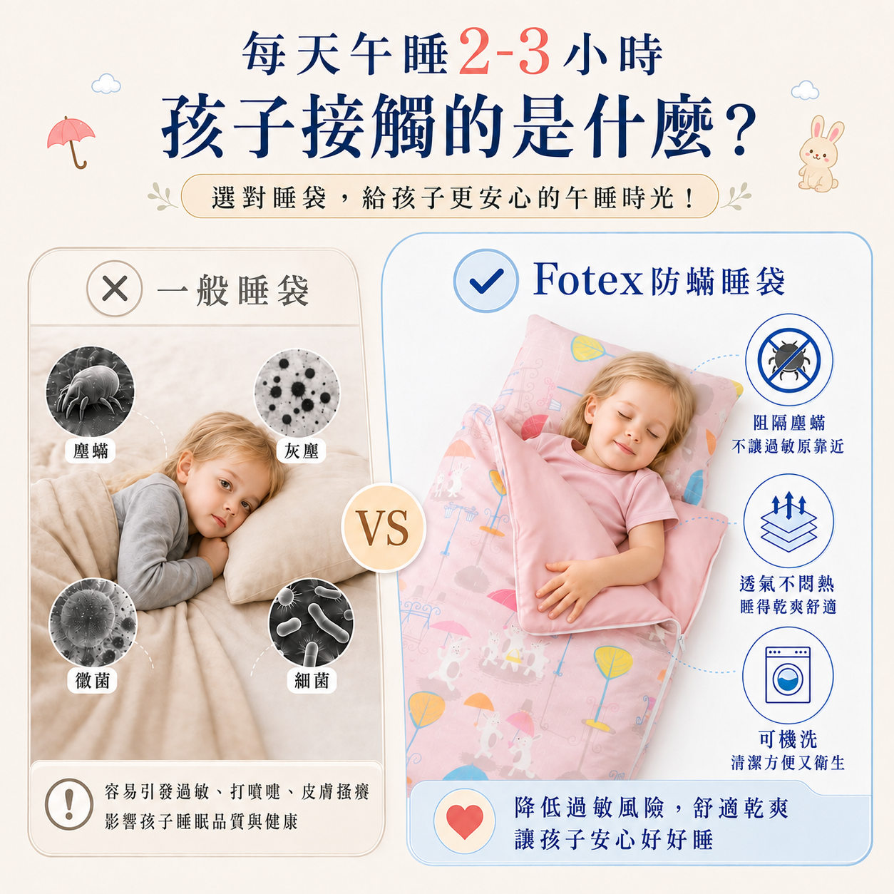 敏感肌孩子使用 Fotex 兒童防蟎睡袋,兼顧親膚透氣、物理性防蟎與清潔便利