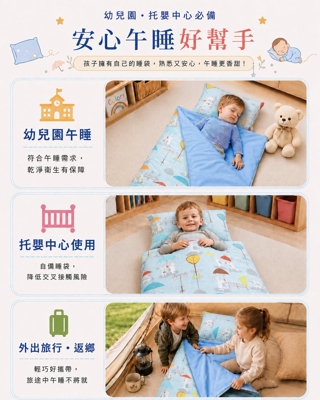 過敏兒外宿攜帶Fotex兒童防蟎睡袋,適合旅行、返鄉及幼兒園午睡的個人寢具
