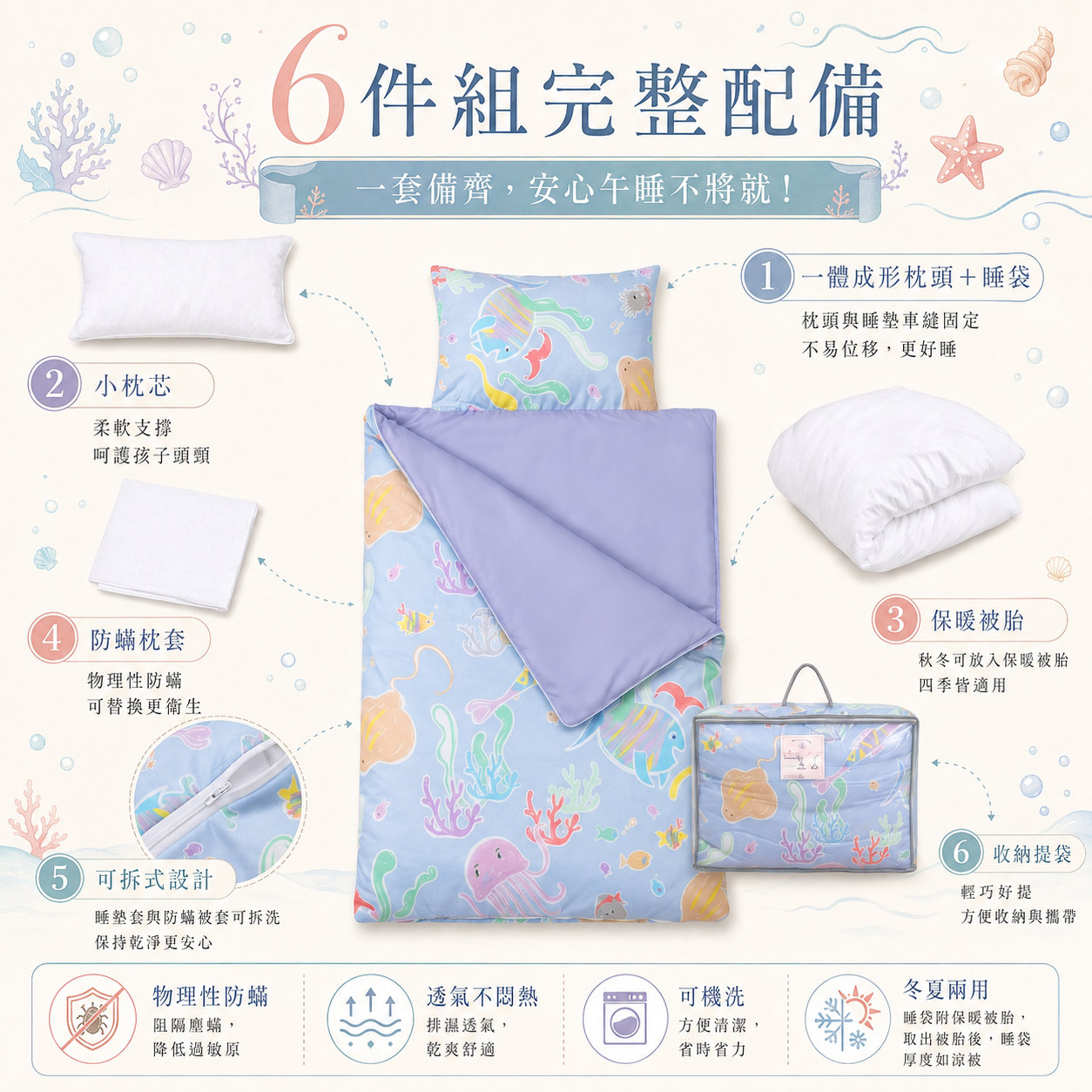 Fotex海底世界可拆洗幼兒園防蟎睡袋,睡墊套與防蟎被套可拆卸方便日常清潔