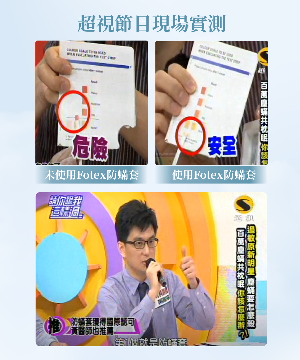 Fotex防蟎產品於媒體節目實測展示防護效果，比較使用前後差異。