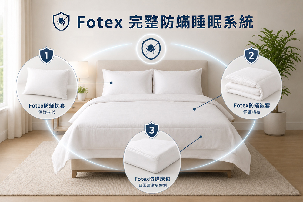 Fotex完整防蟎睡眠系統，結合防蟎枕套、防蟎被套與防蟎床墊套，打造全方位防護，降低塵蟎與過敏原接觸，建立更乾淨安心的睡眠環境。
